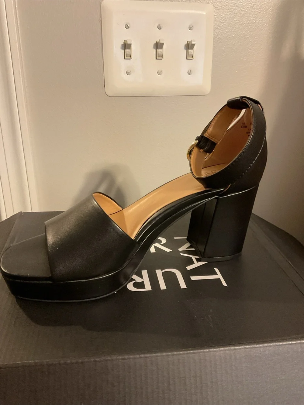 Pearl Black Platform Block Heel Sandals with Ankle Strap